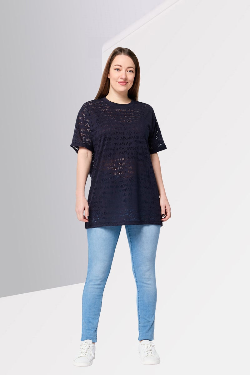 armani AX Armani Exchange Women Crew Neck Eyelet Short Sleeve Top, Navy - Image 2